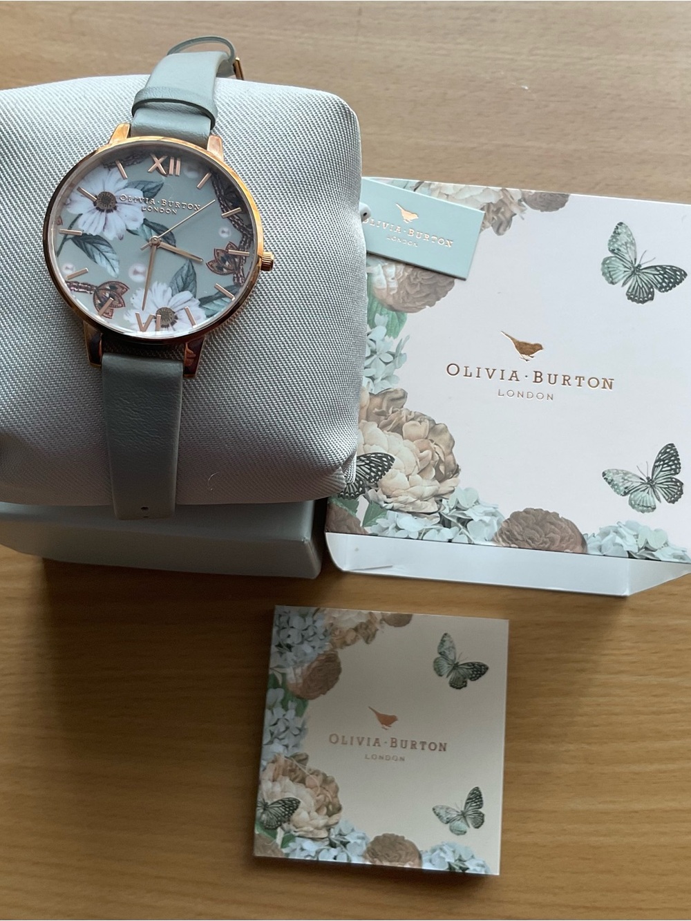 Olivia Burton Women's Floral Dial Leather Strap Watch in Light Blue